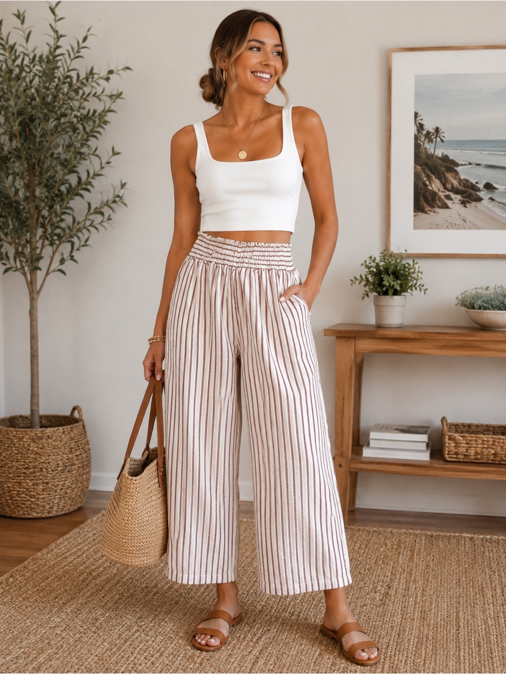 Artisan Ny White Wide-Leg Striped Smocked-Waist Pants
